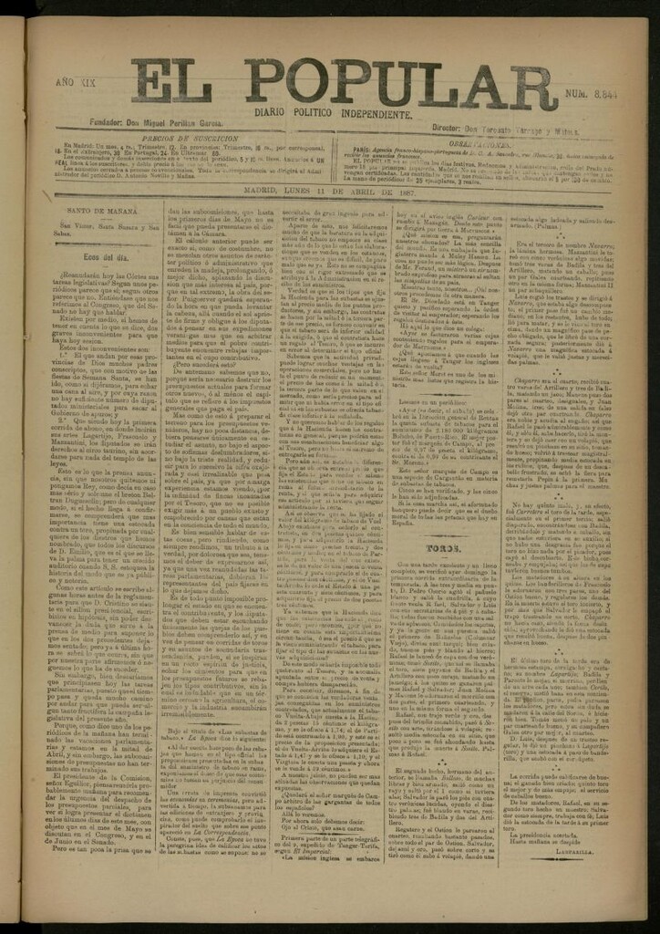 Miniatura de El Popular: diario independiente, político, literario y de noticias de interés general del 11 de abril de 1887, nº 8844