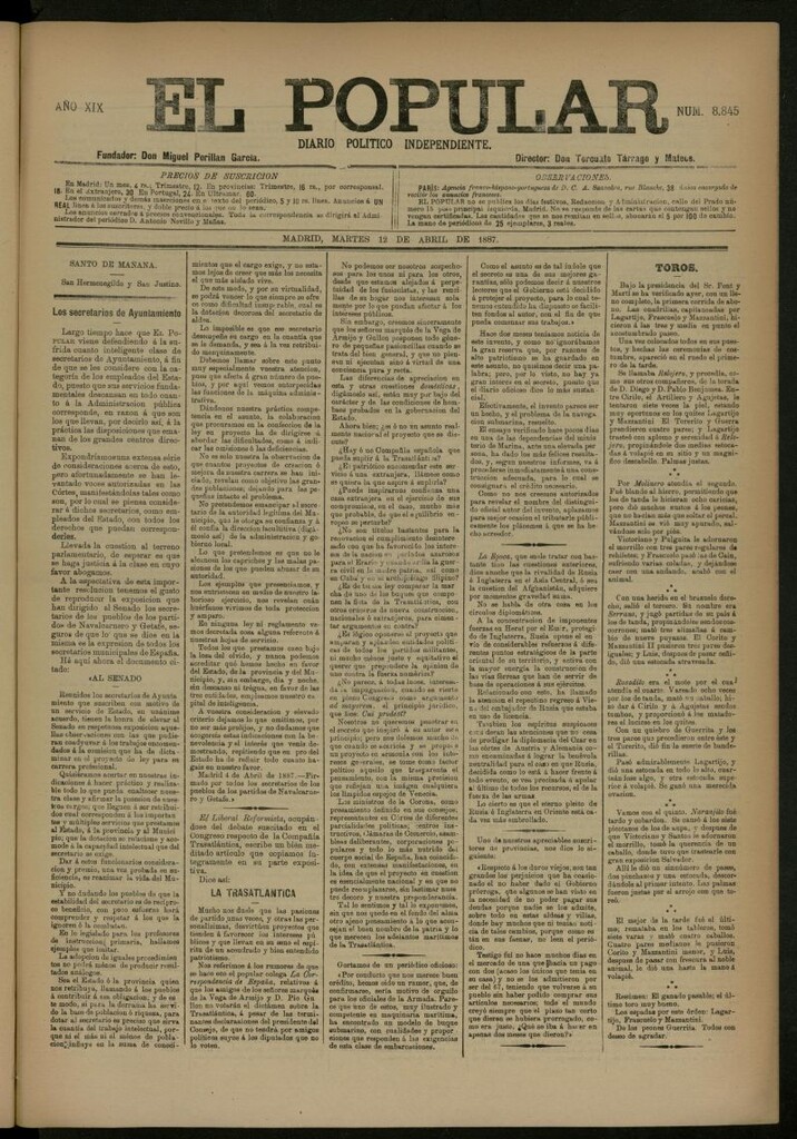 Miniatura de El Popular: diario independiente, político, literario y de noticias de interés general del 12 de abril de 1887, nº 8845