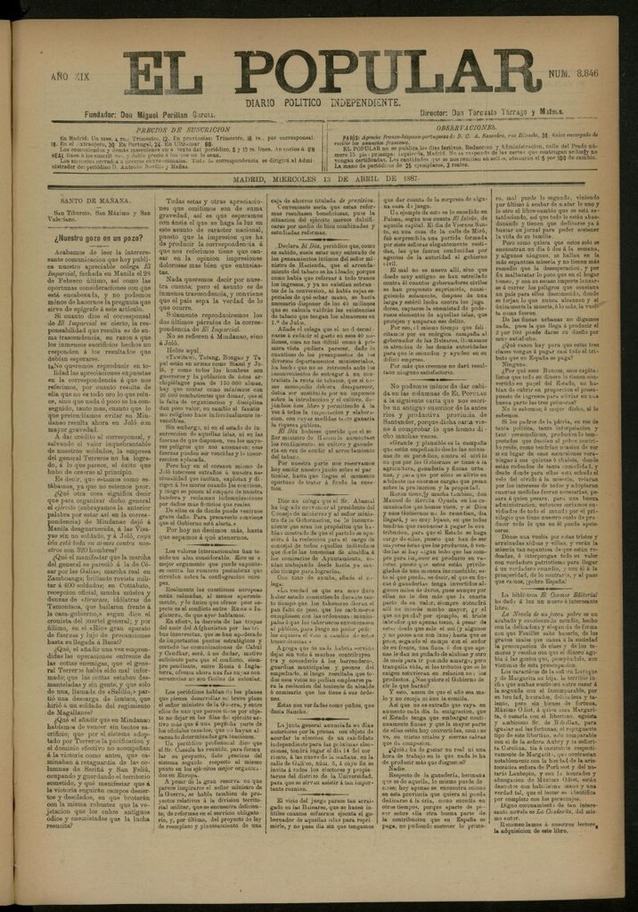 Miniatura de El Popular: diario independiente, político, literario y de noticias de interés general del 13 de abril de 1887, nº 8846