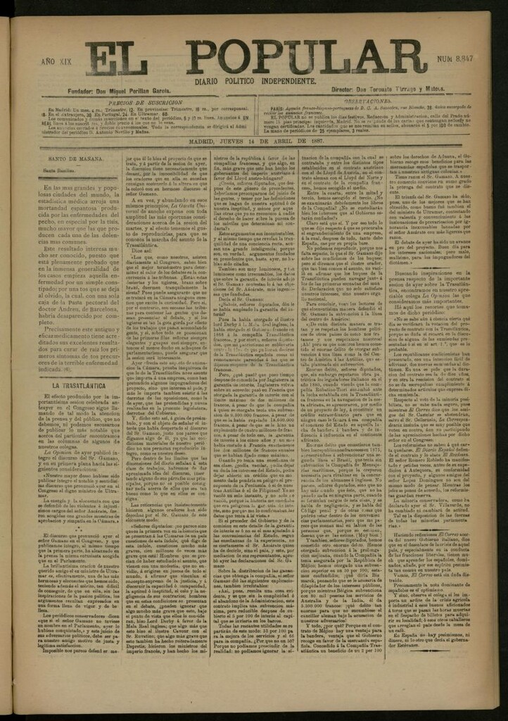Miniatura de El Popular: diario independiente, político, literario y de noticias de interés general del 14 de abril de 1887, nº 8847