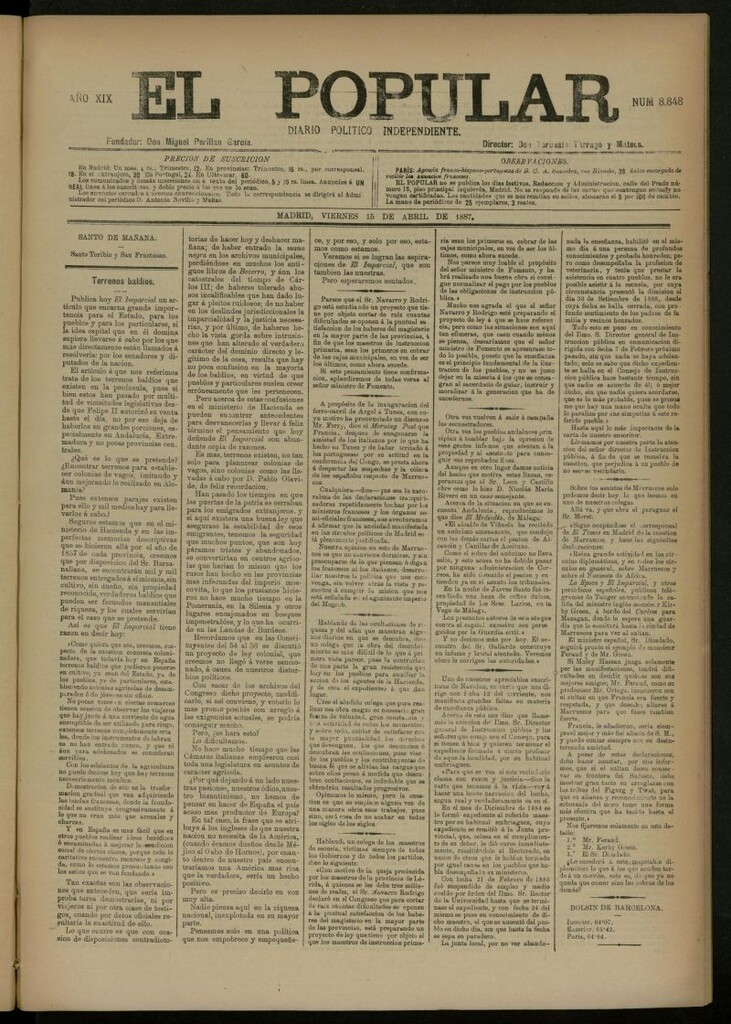 Miniatura de El Popular: diario independiente, político, literario y de noticias de interés general del 15 de abril de 1887, nº 8848
