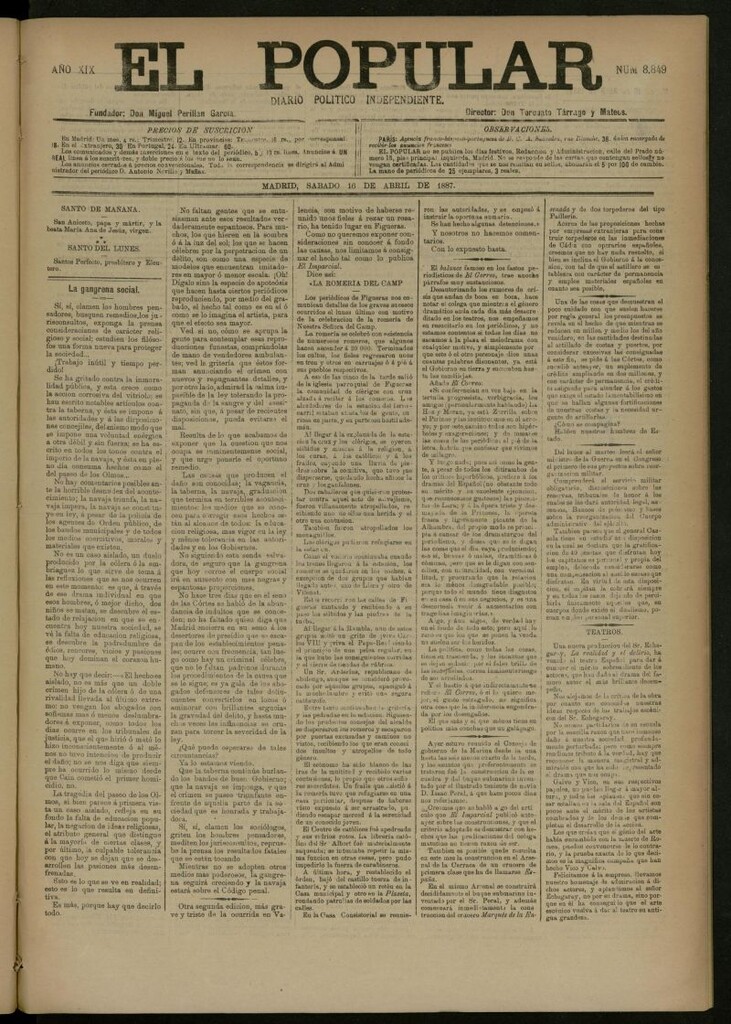 Miniatura de El Popular: diario independiente, político, literario y de noticias de interés general del 16 de abril de 1887, nº 8849