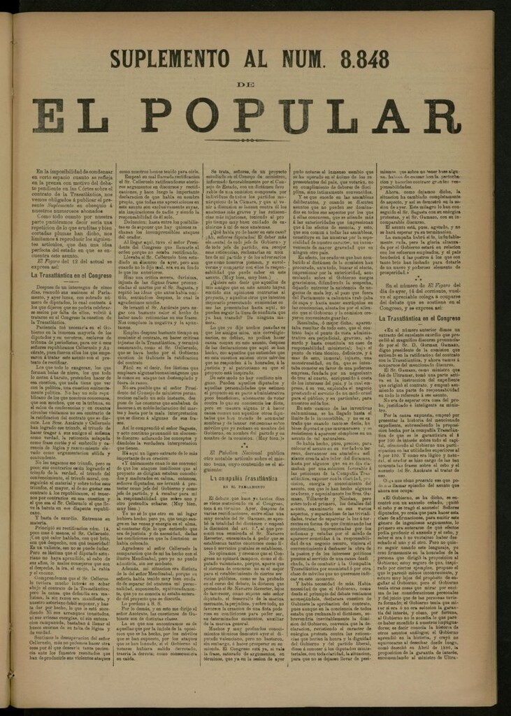 Miniatura de El Popular: diario independiente, político, literario y de noticias de interés general del 15 de abril de 1887, suplemento al nº 8848