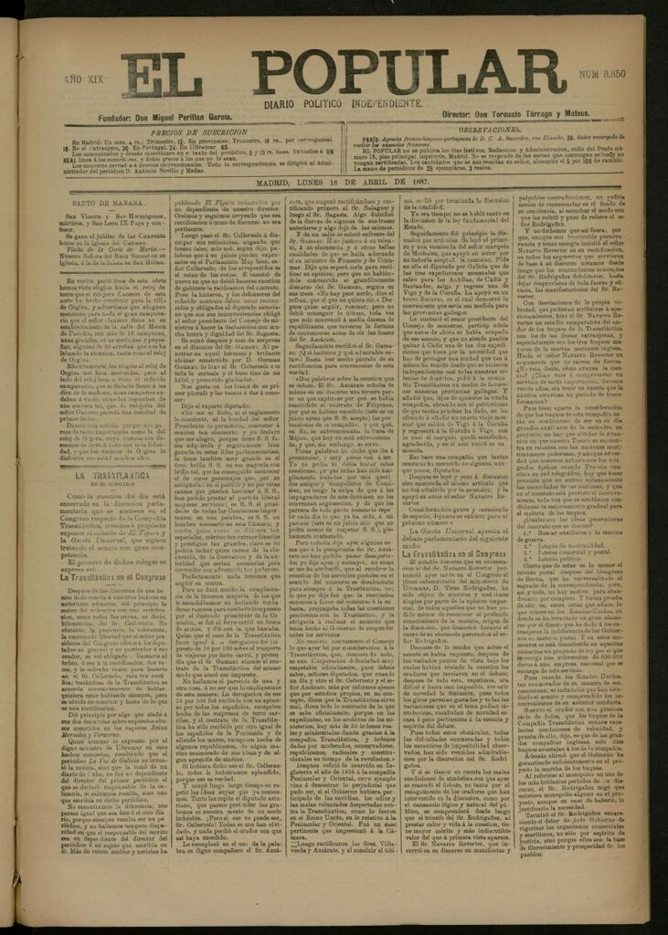 Miniatura de El Popular: diario independiente, político, literario y de noticias de interés general del 18 de abril de 1887, nº 8850