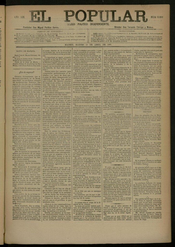 Miniatura de El Popular: diario independiente, político, literario y de noticias de interés general del 19 de abril de 1887, nº 8851