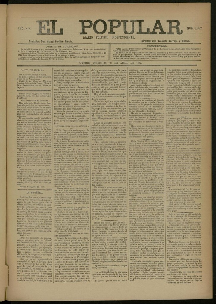 Miniatura de El Popular: diario independiente, político, literario y de noticias de interés general del 20 de abril de 1887, nº 8852