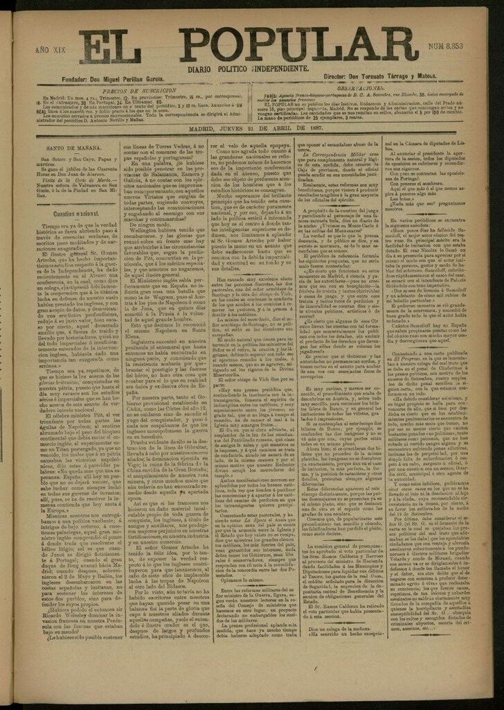 Miniatura de El Popular: diario independiente, político, literario y de noticias de interés general del 21 de abril de 1887, nº 8853