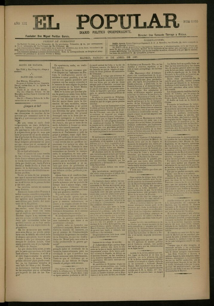 Miniatura de El Popular: diario independiente, político, literario y de noticias de interés general del 23 de abril de 1887, nº 8855