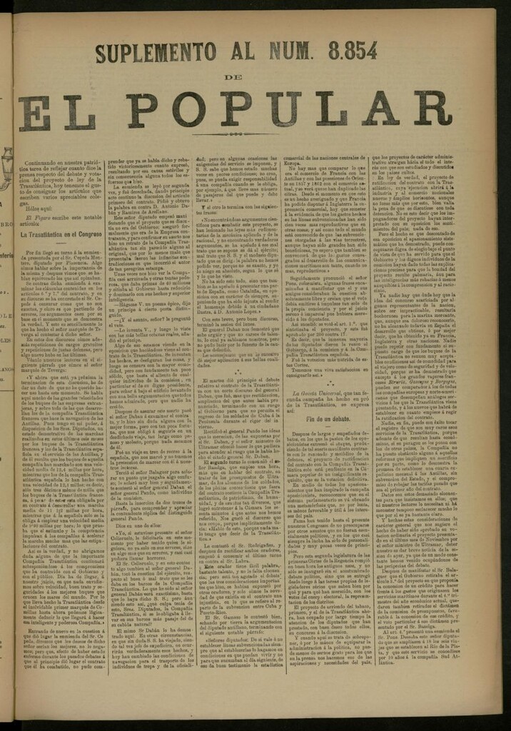 Miniatura de El Popular: diario independiente, político, literario y de noticias de interés general del 22 de abril de 1887, suplemento al nº 8854