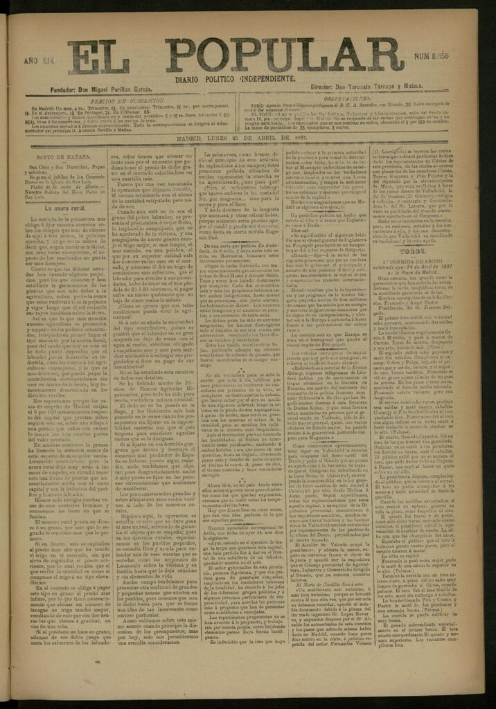 Miniatura de El Popular: diario independiente, político, literario y de noticias de interés general del 25 de abril de 1887, nº 8856