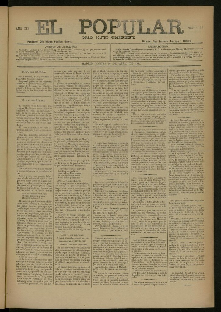 Miniatura de El Popular: diario independiente, político, literario y de noticias de interés general del 26 de abril de 1887, nº 8857