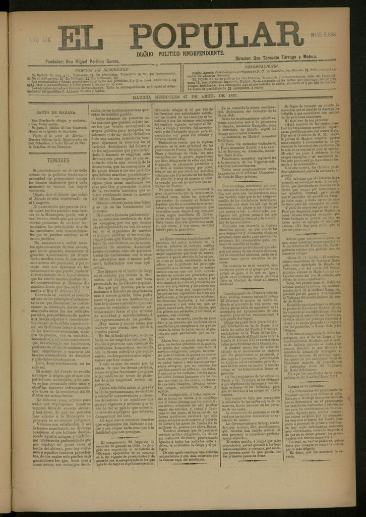 Miniatura de El Popular: diario independiente, político, literario y de noticias de interés general del 27 de abril de 1887, nº 8858