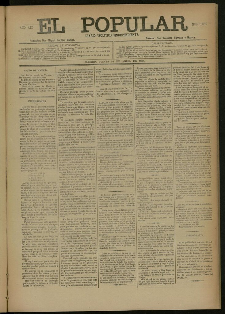 Miniatura de El Popular: diario independiente, político, literario y de noticias de interés general del 28 de abril de 1887, nº 8859