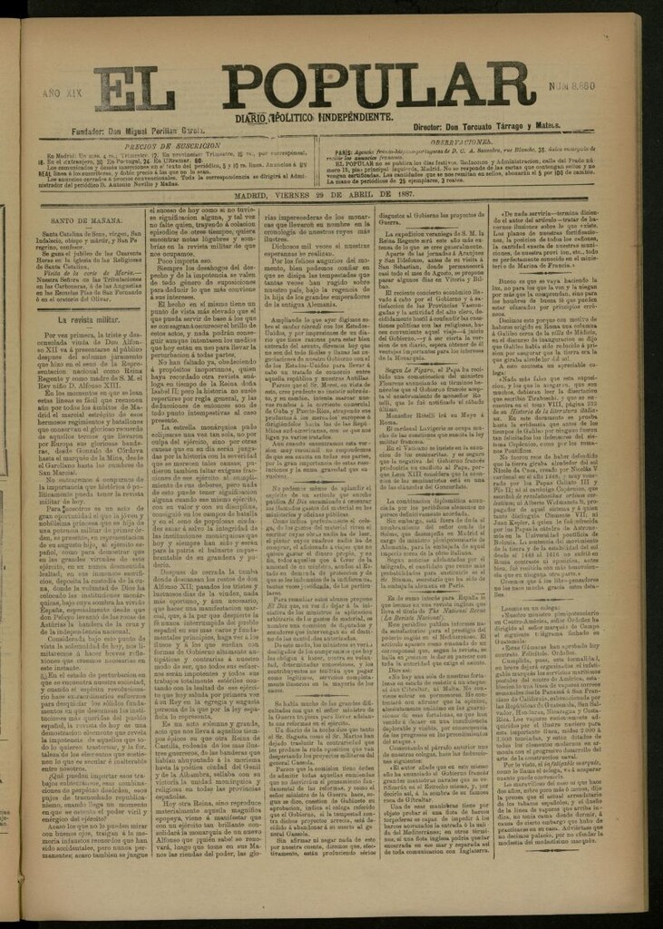 Miniatura de El Popular: diario independiente, político, literario y de noticias de interés general del 29 de abril de 1887, nº 8860