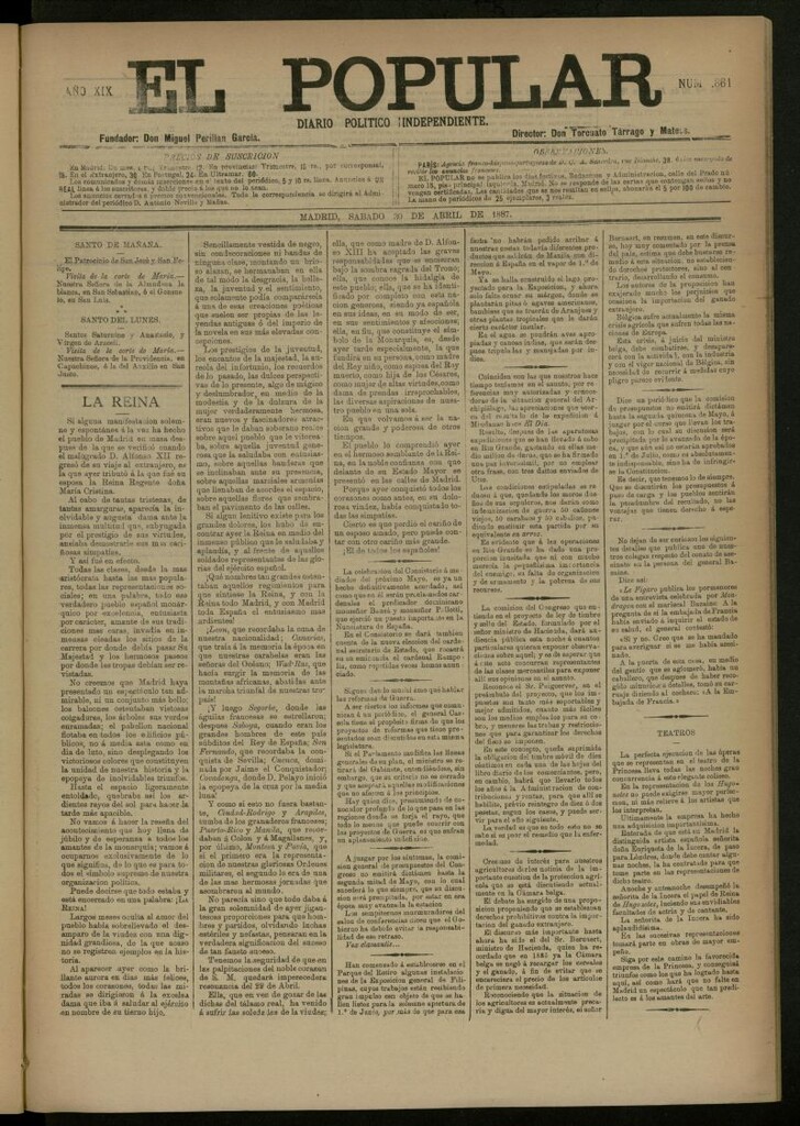 Miniatura de El Popular: diario independiente, político, literario y de noticias de interés general del 30 de abril de 1887, nº 8861