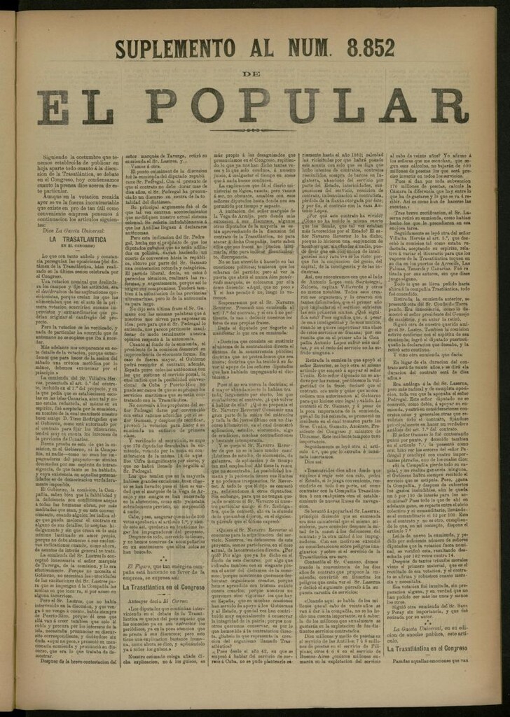 Miniatura de El Popular: diario independiente, político, literario y de noticias de interés general del 20 de abril de 1887, suplemento al nº 8852