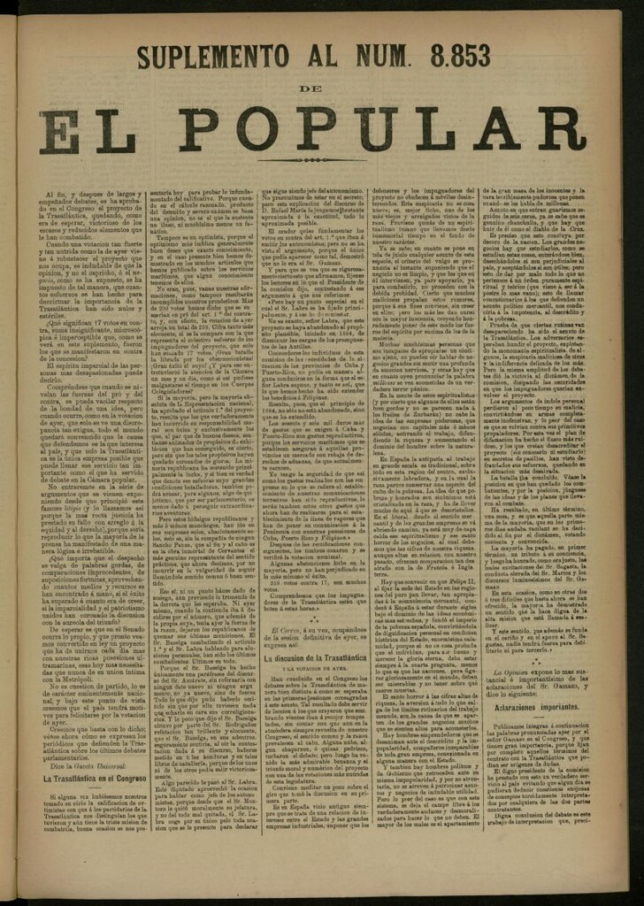 Miniatura de El Popular: diario independiente, político, literario y de noticias de interés general del 21 de abril de 1887, suplemento al nº 8853