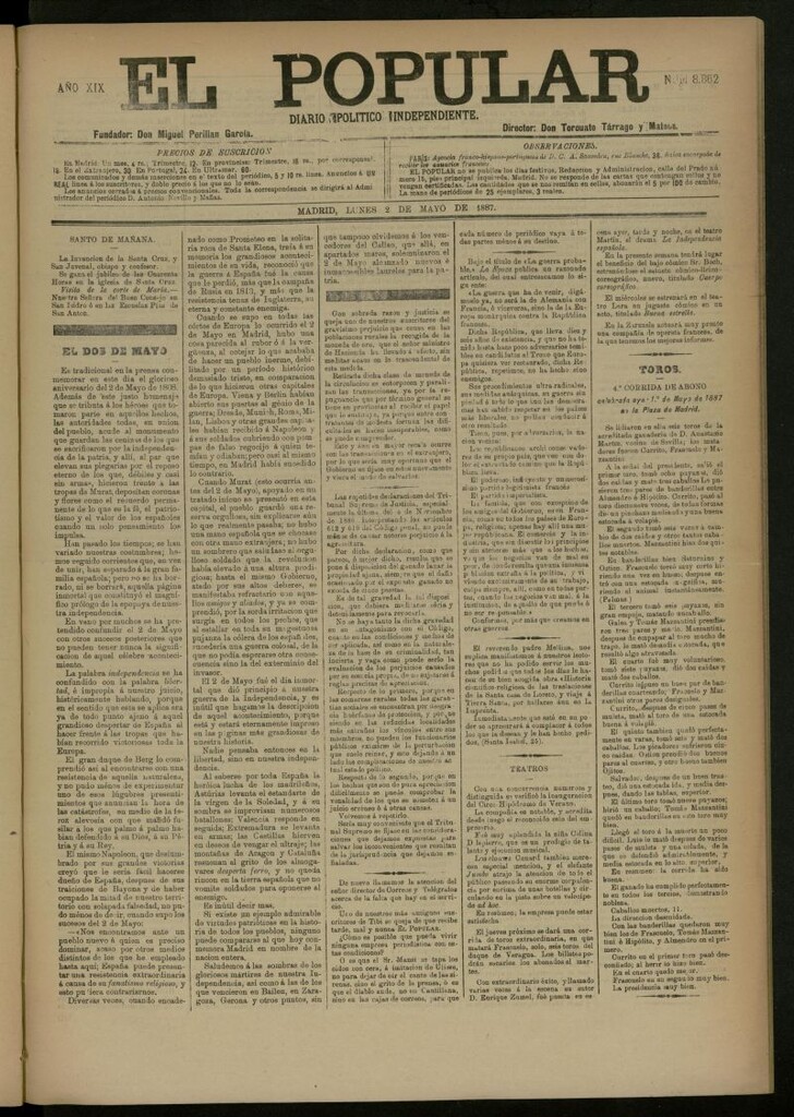 Miniatura de El Popular: diario independiente, político, literario y de noticias de interés general del 2 de mayo de 1887, nº 8862