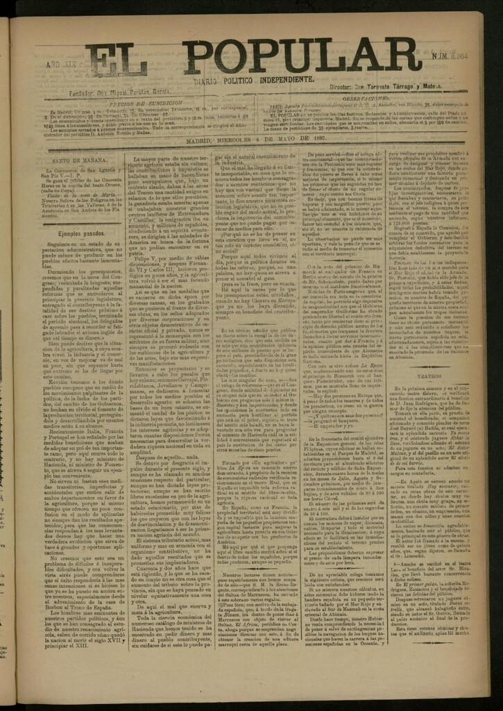 Miniatura de El Popular: diario independiente, político, literario y de noticias de interés general del 4 de mayo de 1887, nº 8864