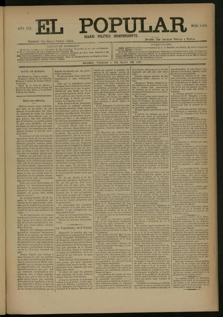 Miniatura de El Popular: diario independiente, político, literario y de noticias de interés general del 6 de mayo de 1887, nº 8866