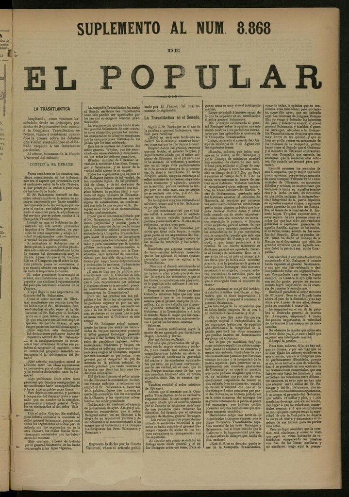 Miniatura de El Popular: diario independiente, político, literario y de noticias de interés general del 9 de mayo de 1887, suplemento al nº 8868