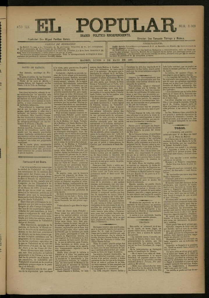 Miniatura de El Popular: diario independiente, político, literario y de noticias de interés general del 9 de mayo de 1887, nº 8868