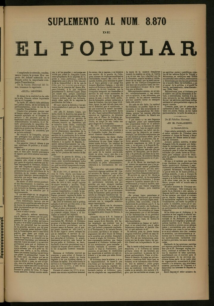 Miniatura de El Popular: diario independiente, político, literario y de noticias de interés general del 11 de mayo de 1887, suplemento al nº 8870