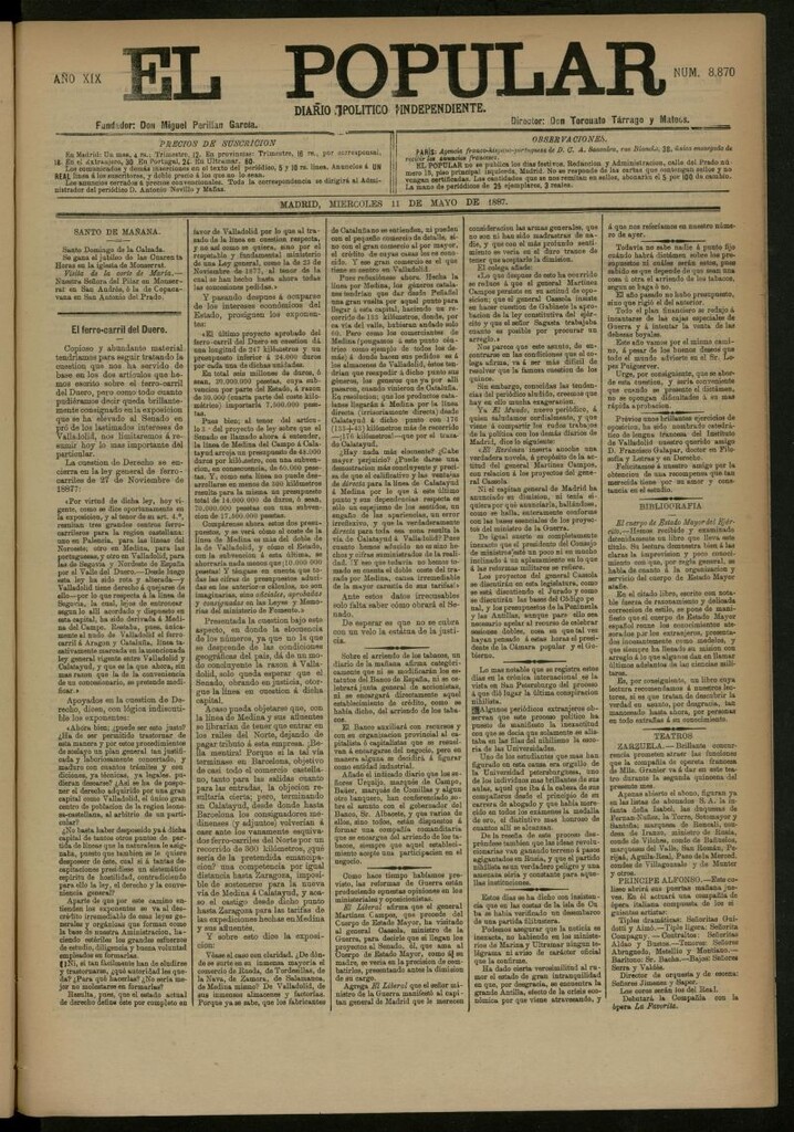 Miniatura de El Popular: diario independiente, político, literario y de noticias de interés general del 11 de mayo de 1887, nº 8870