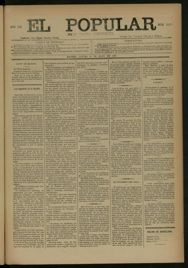 Miniatura de El Popular: diario independiente, político, literario y de noticias de interés general del 12 de mayo de 1887, nº 8871