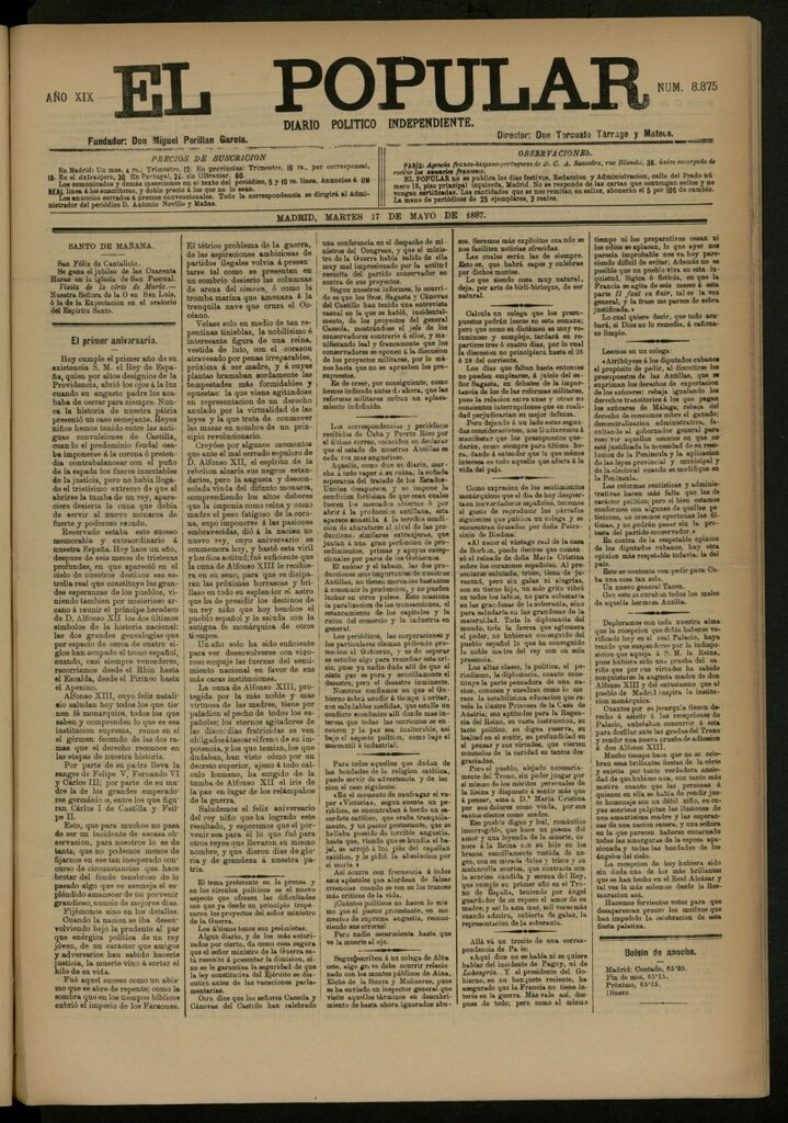 Miniatura de El Popular: diario independiente, político, literario y de noticias de interés general del 17 de mayo de 1887, nº 8875