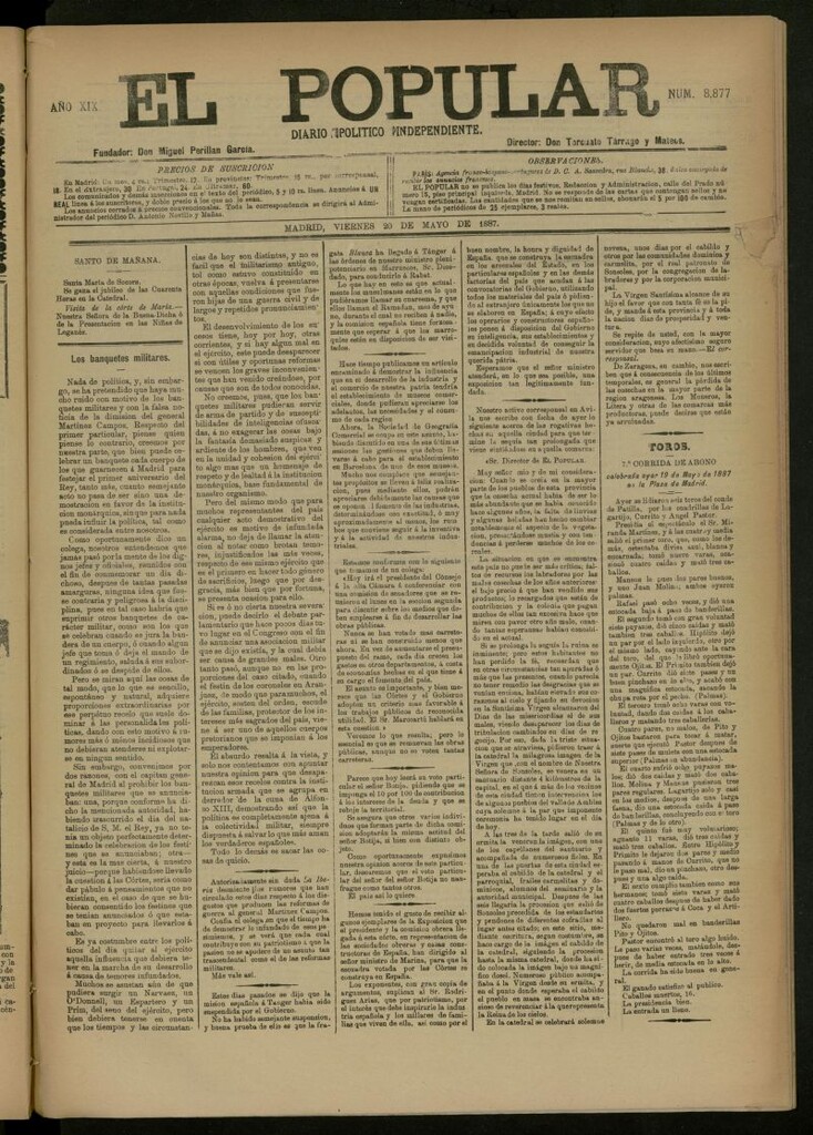 Miniatura de El Popular: diario independiente, político, literario y de noticias de interés general del 20 de mayo de 1887, nº 8877
