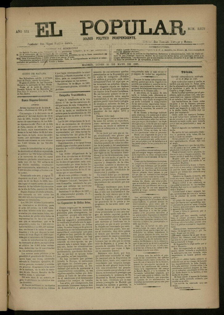 Miniatura de El Popular: diario independiente, político, literario y de noticias de interés general del 23 de mayo de 1887, nº 8879