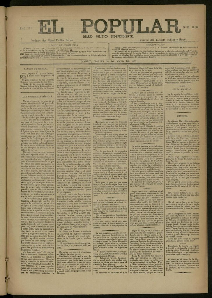 Miniatura de El Popular: diario independiente, político, literario y de noticias de interés general del 24 de mayo de 1887, nº 8880