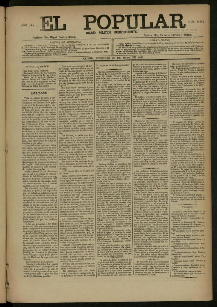 Miniatura de El Popular: diario independiente, político, literario y de noticias de interés general del 25 de mayo de 1887, nº 8881