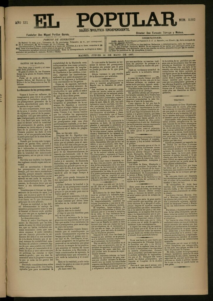 Miniatura de El Popular: diario independiente, político, literario y de noticias de interés general del 26 de mayo de 1887, nº 8882