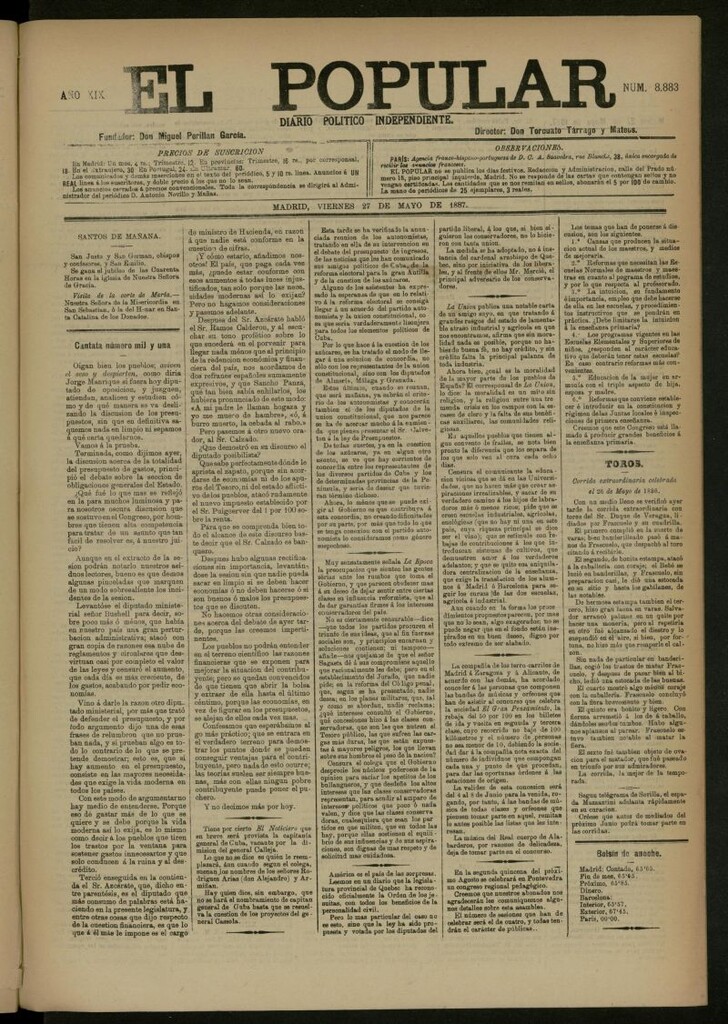 Miniatura de El Popular: diario independiente, político, literario y de noticias de interés general del 27 de mayo de 1887, nº 8883