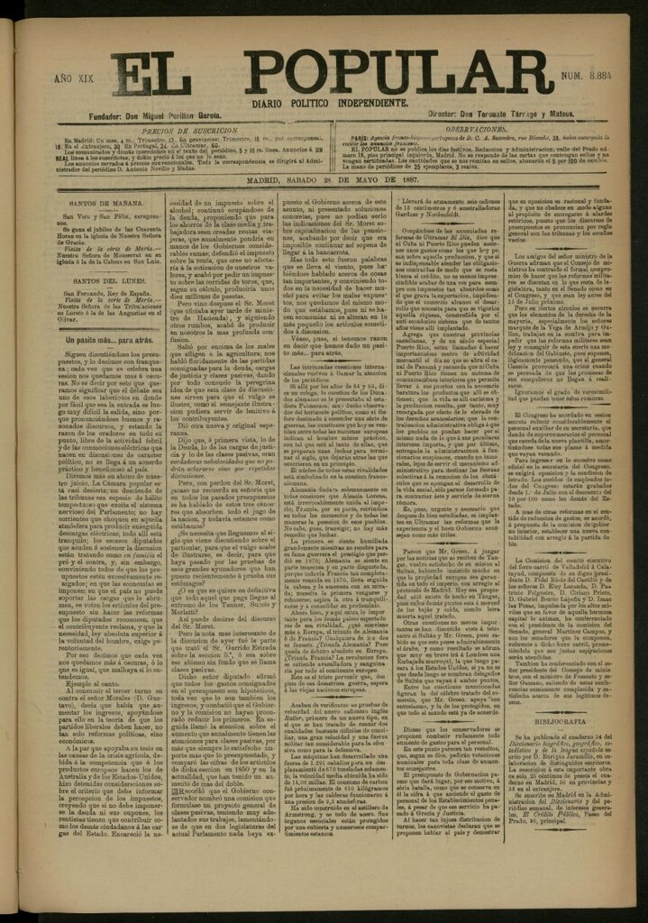 Miniatura de El Popular: diario independiente, político, literario y de noticias de interés general del 28 de mayo de 1887, nº 8884