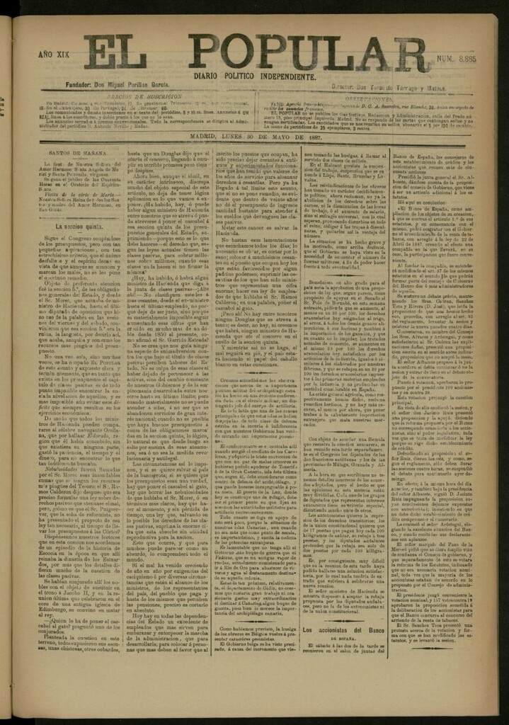 Miniatura de El Popular: diario independiente, político, literario y de noticias de interés general del 30 de mayo de 1887, nº 8885