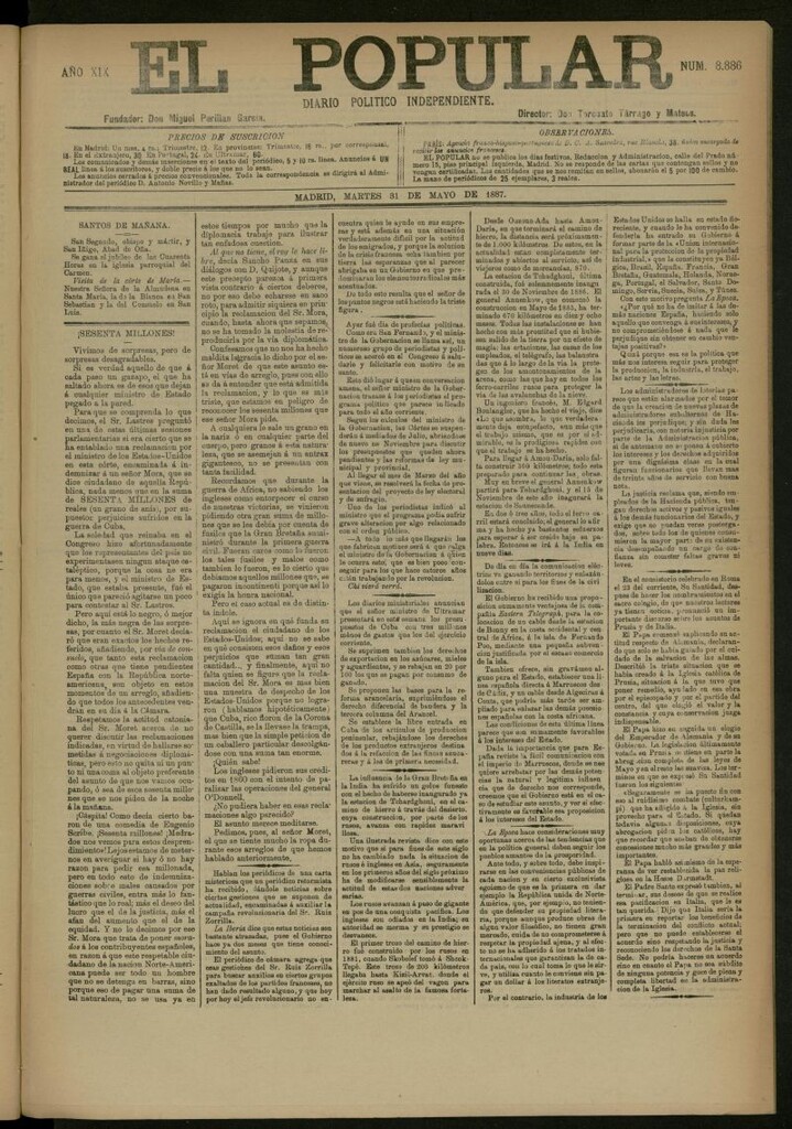 Miniatura de El Popular: diario independiente, político, literario y de noticias de interés general del 31 de mayo de 1887, nº 8886