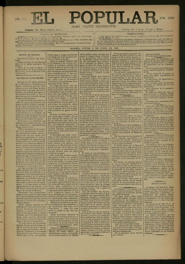 Miniatura de El Popular: diario independiente, político, literario y de noticias de interés general del 2 de junio de 1887, nº 8888