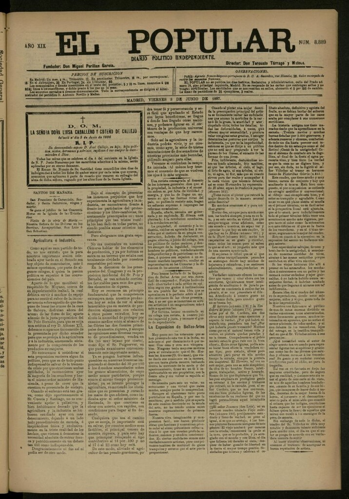 Miniatura de El Popular: diario independiente, político, literario y de noticias de interés general del 3 de junio de 1887, nº 8889