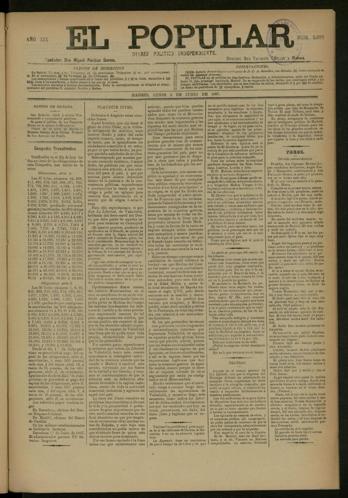 Miniatura de El Popular: diario independiente, político, literario y de noticias de interés general del 6 de junio de 1887, nº 8891