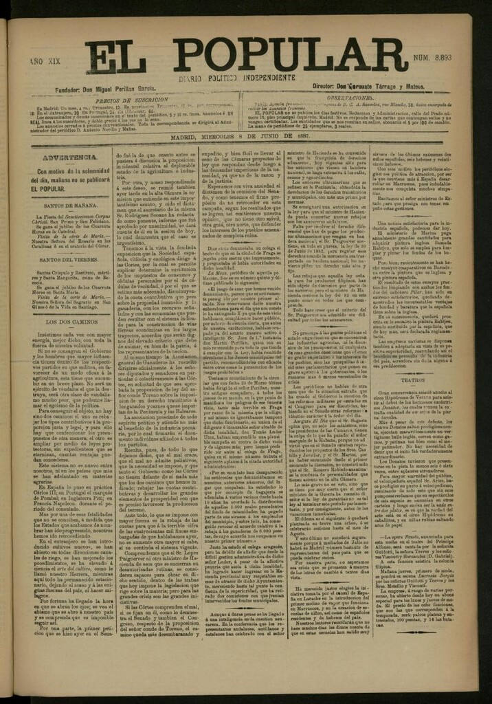 Miniatura de El Popular: diario independiente, político, literario y de noticias de interés general del 8 de junio de 1887, nº 8893