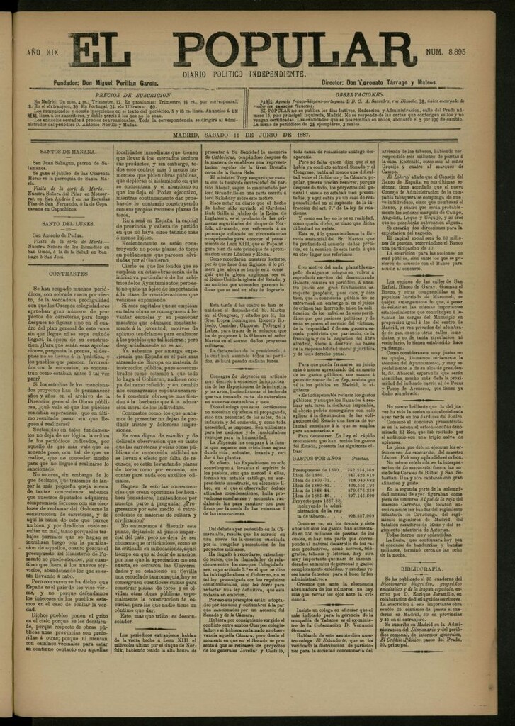Miniatura de El Popular: diario independiente, político, literario y de noticias de interés general del 11 de junio de 1887, nº 8895