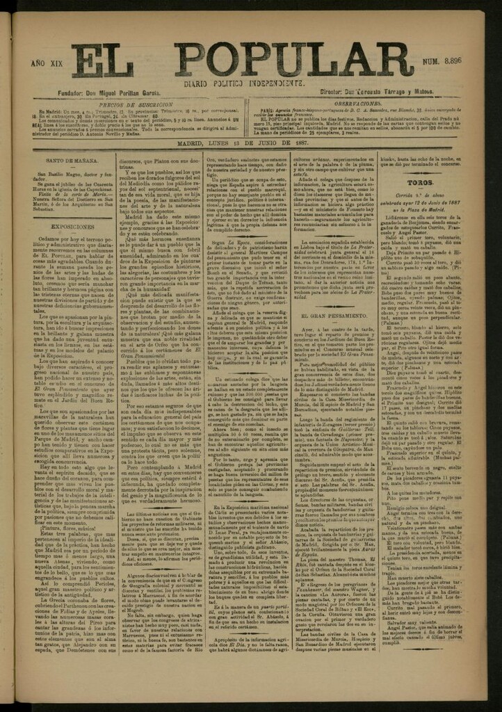Miniatura de El Popular: diario independiente, político, literario y de noticias de interés general del 13 de junio de 1887, nº 8896