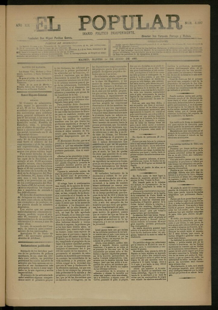 Miniatura de El Popular: diario independiente, político, literario y de noticias de interés general del 14 de junio de 1887, nº 8897