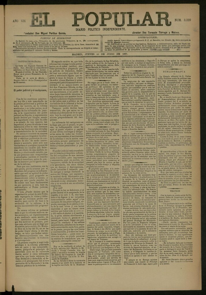 Miniatura de El Popular: diario independiente, político, literario y de noticias de interés general del 16 de junio de 1887, nº 8899
