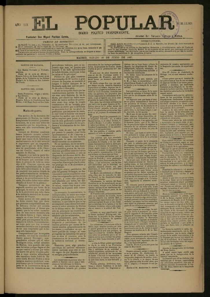 Miniatura de El Popular: diario independiente, político, literario y de noticias de interés general del 18 de junio de 1887, nº 8901