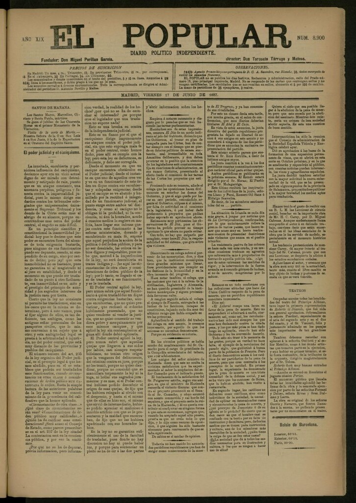 Miniatura de El Popular: diario independiente, político, literario y de noticias de interés general del 17 de junio de 1887, nº 8900