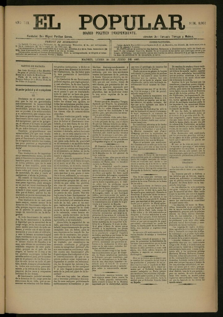 Miniatura de El Popular: diario independiente, político, literario y de noticias de interés general del 20 de junio de 1887, nº 8902
